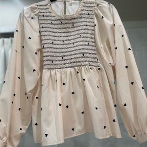 Cream Blouse with Black Heart Pattern